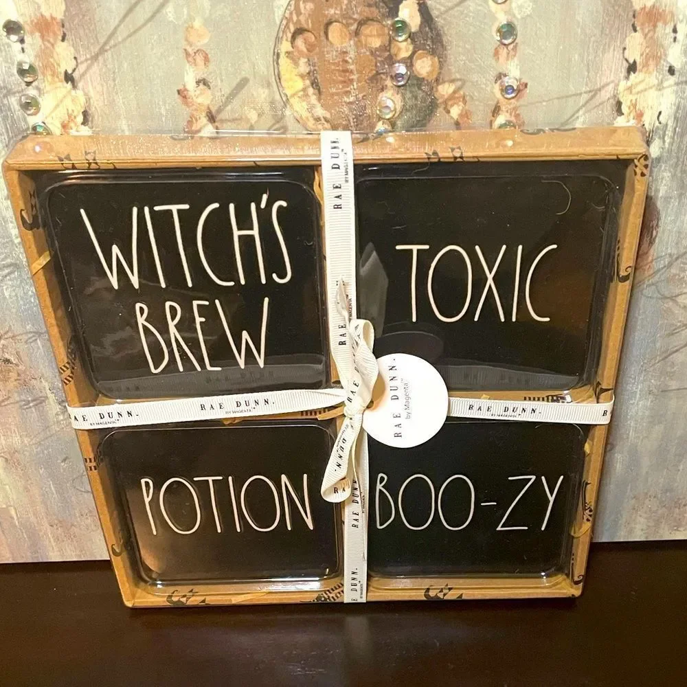 Rae Dunn Black Coaster Set Toxic, Potion, Witches Brew, & Boo-zy